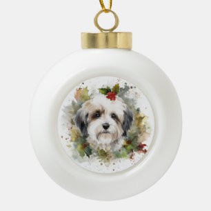 Havanese Christmas Wreath Festive Pup Ceramic Ball Christmas Ornament