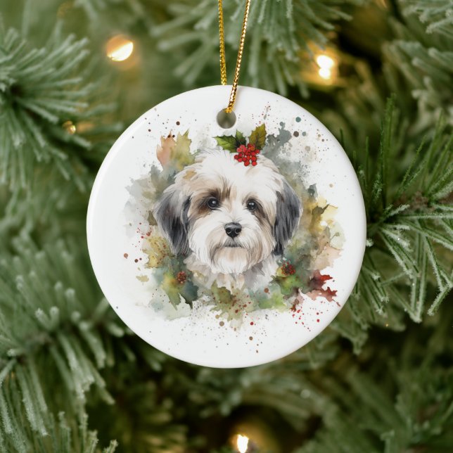 Havanese Christmas Wreath Festive Pup Ceramic Ornament (Tree)