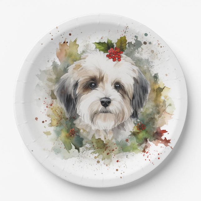 Havanese Christmas Wreath Festive Pup Paper Plate (Front)