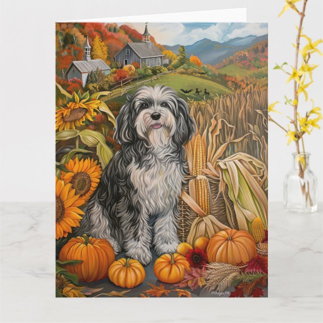 Havanese Dog Autumn Harvest Thanksgiving Card (Yellow Flower)