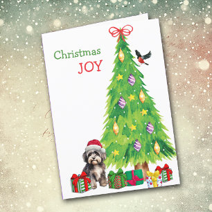 Havanese Dog, Bird and Christmas Tree Holiday Card