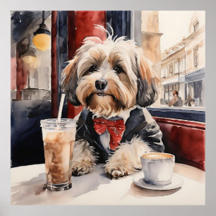 Havanese dog Drinking a Milkshake in a Coffeshop Poster