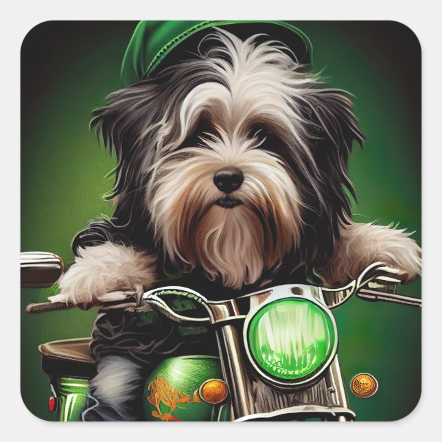 Havanese Dog Driving Bike St. Patrick's Day Square Sticker (Front)