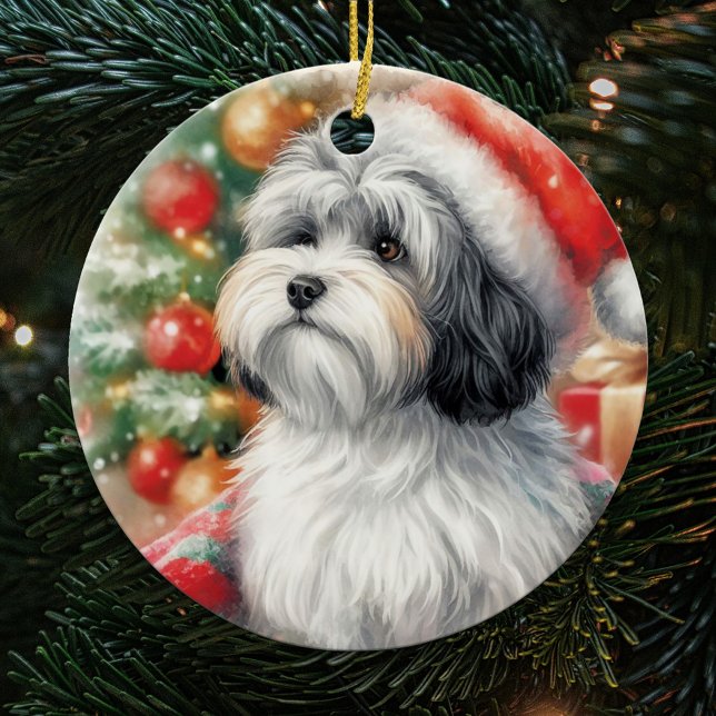 Havanese Dog in a Santa Hat Christmas Ceramic Ornament (Creator Uploaded)