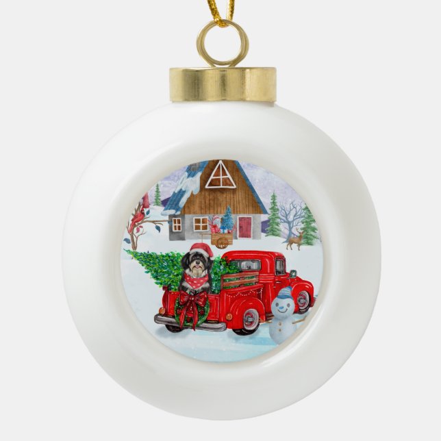 Havanese Dog In Christmas Delivery Truck Snow Ceramic Ball Christmas Ornament (Front)