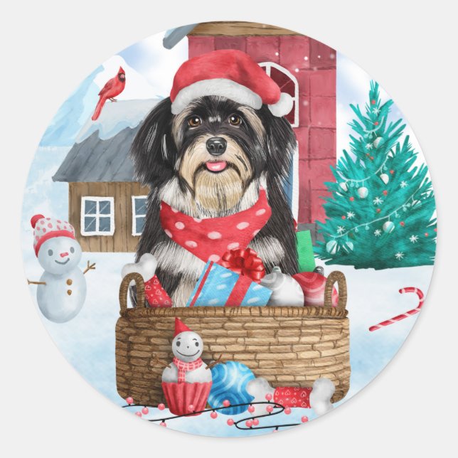 Havanese Dog In snow Christmas Dog House Classic Round Sticker (Front)