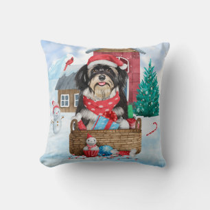 Havanese Dog In snow Christmas Dog House Cushion