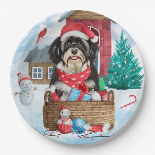 Havanese Dog In snow Christmas Dog House Paper Plate