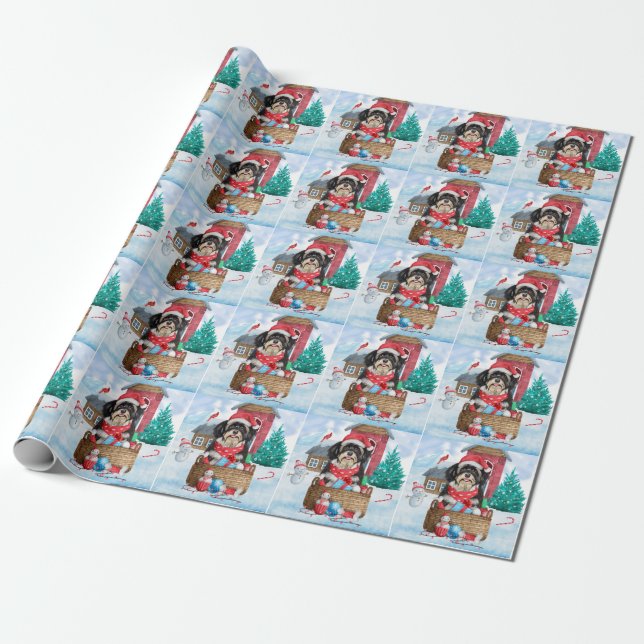 Havanese Dog In snow Christmas Dog House Wrapping Paper (Unrolled)