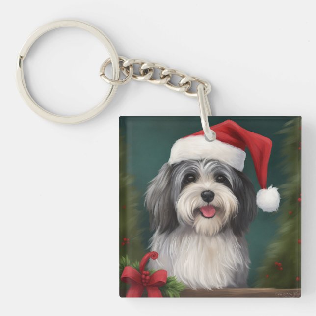 Havanese Dog in Snow Christmas Key Ring (Front)