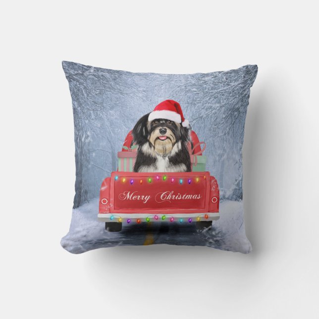 Havanese Dog in Snow sitting in Christmas Truck Cushion (Front)