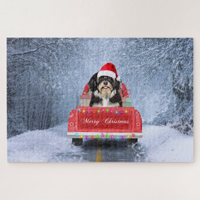 Havanese Dog in Snow sitting in Christmas Truck Jigsaw Puzzle (Horizontal)