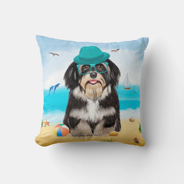 Havanese Dog on Beach  Cushion (Front)