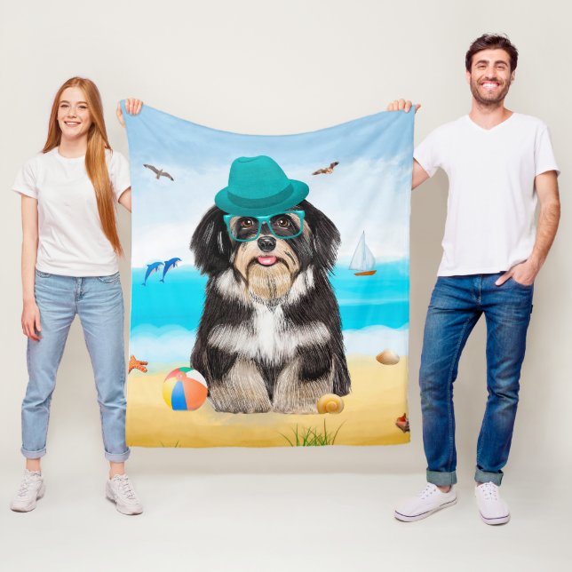 Havanese Dog on Beach Fleece Blanket (In Situ)