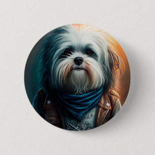 Havanese dog on bike digital painting 6 cm round badge