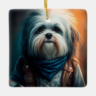 Havanese dog on bike digital painting ceramic ornament