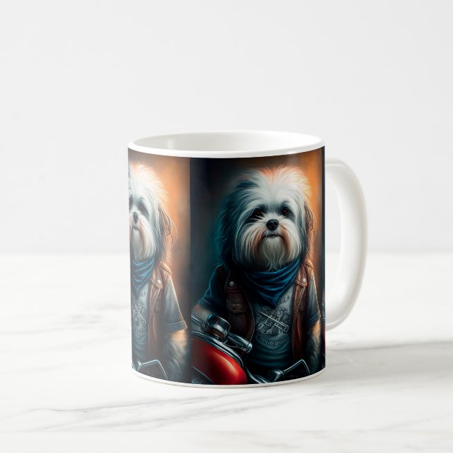 Havanese dog on bike digital painting coffee mug (Front Right)