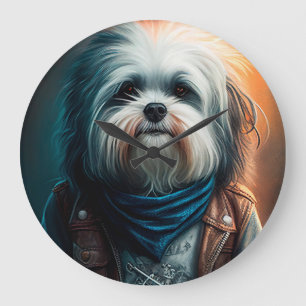 Havanese dog on bike digital painting large clock
