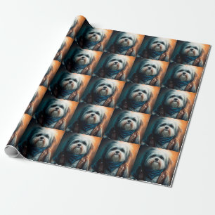 Havanese dog on bike digital painting wrapping paper