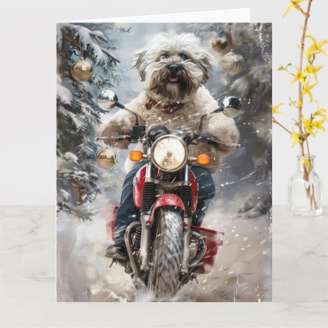 Havanese Dog Riding Motorcycle Christmas Card (Yellow Flower)