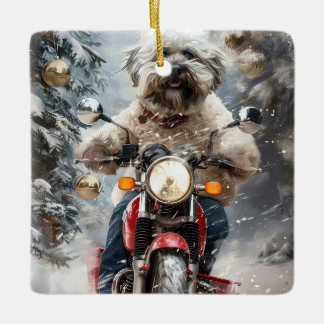 Havanese Dog Riding Motorcycle Christmas Ceramic Ornament (Front)