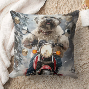 Havanese Dog Riding Motorcycle Christmas Cushion
