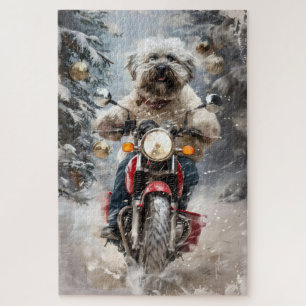 Havanese Dog Riding Motorcycle Christmas Jigsaw Puzzle
