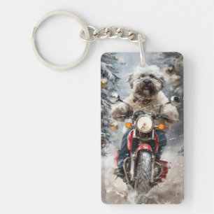 Havanese Dog Riding Motorcycle Christmas Key Ring