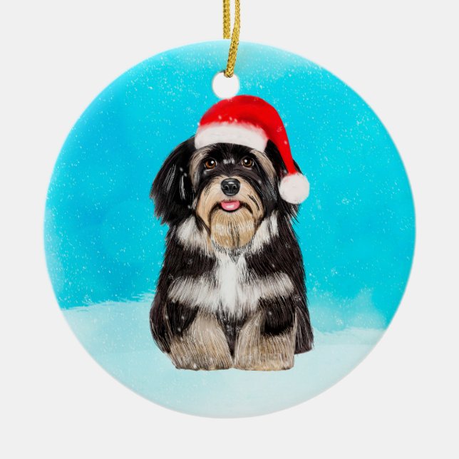 Havanese Dog Sitting In Snow Christmas Hat Ceramic Ornament (Front)