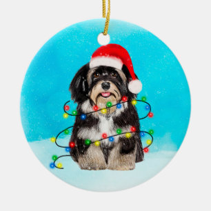 Havanese Dog Sitting In Snow Christmas Hat Lights Ceramic Ornament