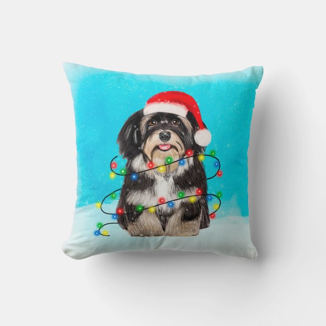 Havanese Dog Sitting On Beach Christmas Hat Lights Cushion (Front)