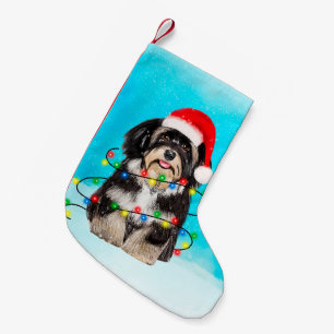 Havanese Dog Sitting On Beach Christmas Hat Lights Small Christmas Stocking