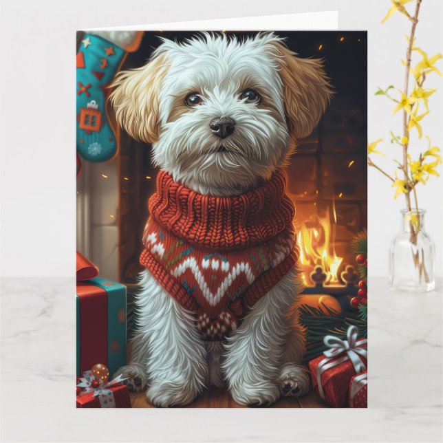 Havanese Dog With Christmas Gifts  Card (Yellow Flower)