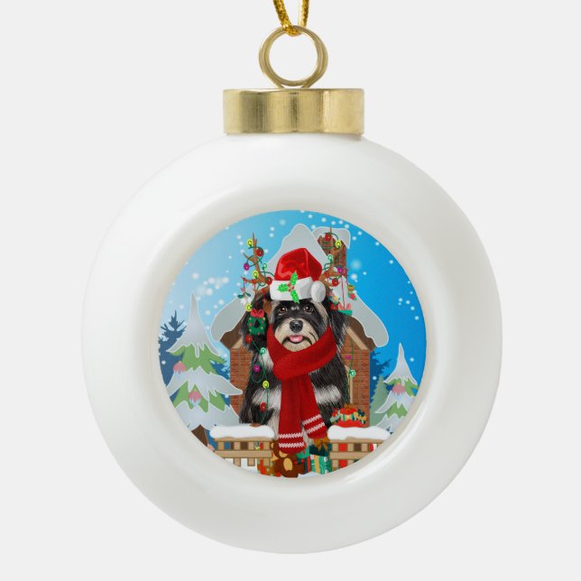 Havanese dog with Christmas gifts Ceramic Ball Christmas Ornament (Front)