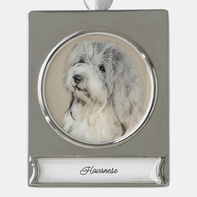 Havanese (Gold Sable) Painting - Original Dog Art Silver Plated Banner Ornament (Front)