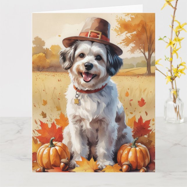 Havanese In Autumn Leaves Thanksgiving Art Card (Yellow Flower)
