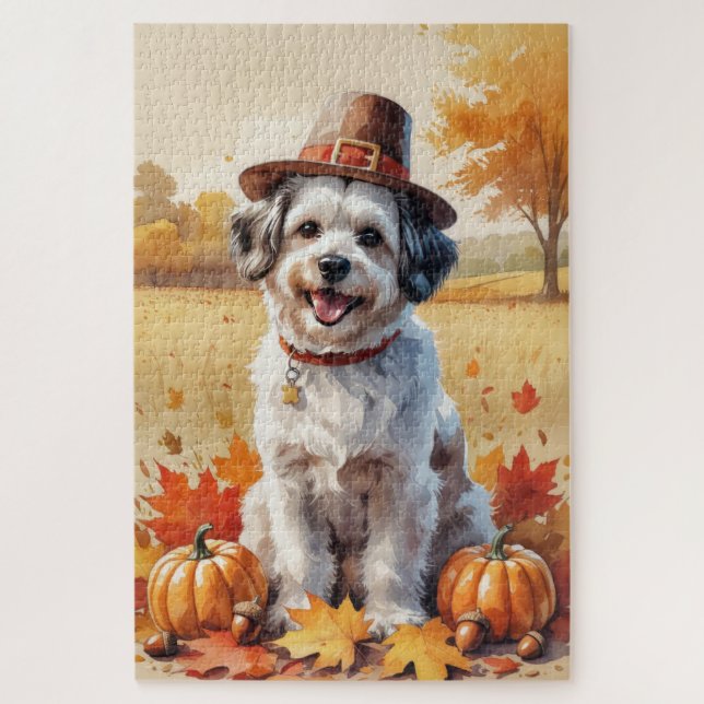 Havanese In Autumn Leaves Thanksgiving Art Jigsaw Puzzle (Vertical)