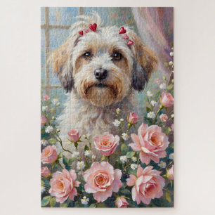 Havanese Peeking from Valentine's Rose Bouquet Jigsaw Puzzle