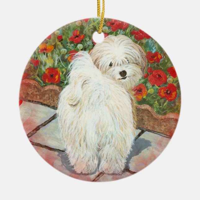 Havanese & Poppies Ceramic Tree Decoration (Front)
