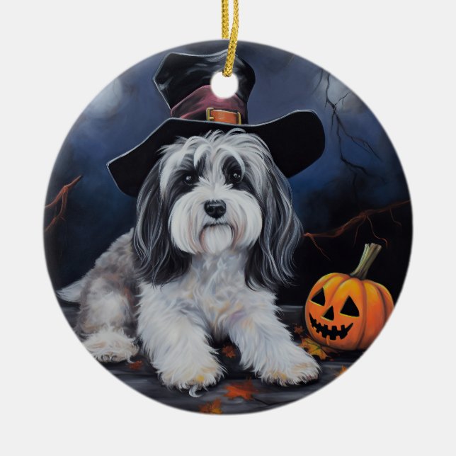 Havanese Pumpkins Halloween Scary Ceramic Ornament (Front)