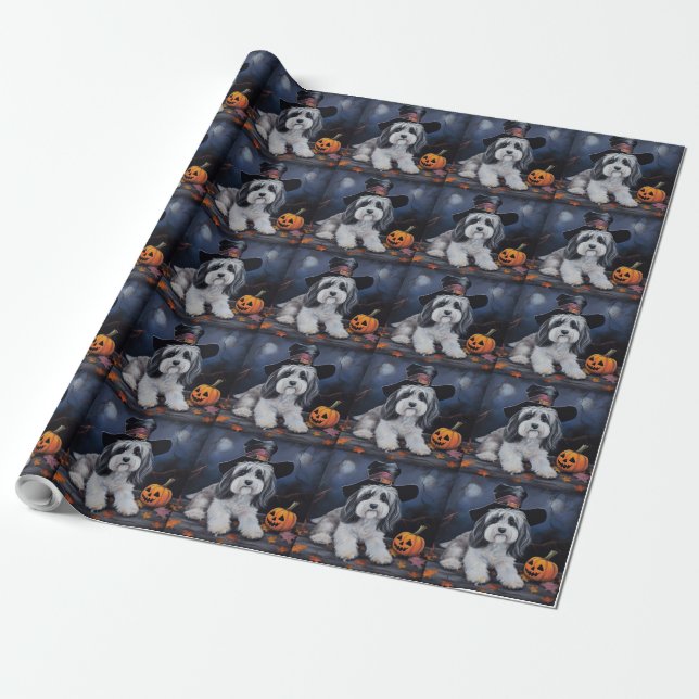 Havanese Pumpkins Halloween Scary Wrapping Paper (Unrolled)