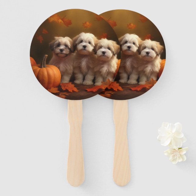 Havanese Puppy Autumn Delight Pumpkin Hand Fan (Front and Back)