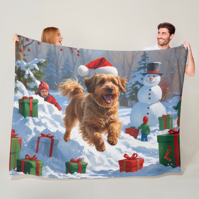 Havanese Running in Snow with Christmas Hat Fleece Blanket (In Situ)