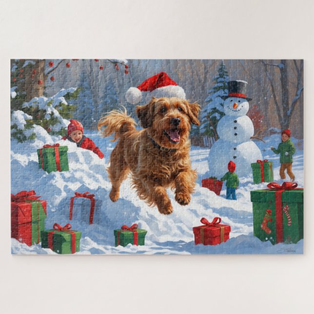 Havanese Running in Snow with Christmas Hat Jigsaw Puzzle (Horizontal)