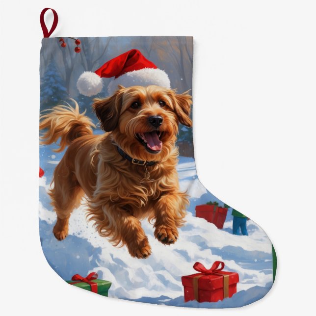 Havanese Running in Snow with Christmas Hat Large Christmas Stocking (Front)