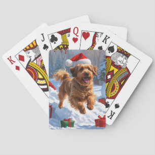 Havanese Running in Snow with Christmas Hat Playing Cards