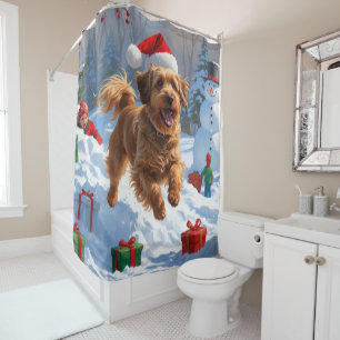 Havanese Running in Snow with Christmas Hat Shower Curtain