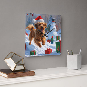 Havanese Running in Snow with Christmas Hat Square Wall Clock