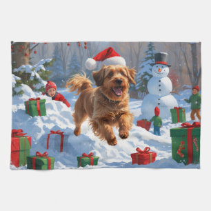 Havanese Running in Snow with Christmas Hat Tea Towel