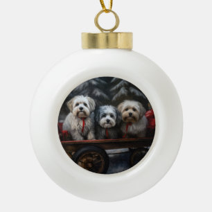 Havanese Snowy Sleigh Christmas Decor Ceramic Ball Christmas Ornament